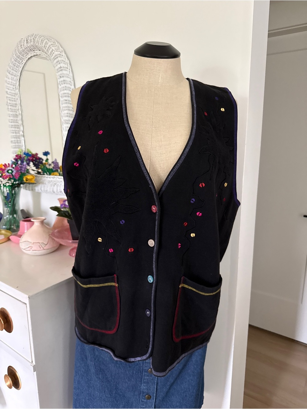 Vintage Black V-Neck Sweater Vest with Multicolor Buttons